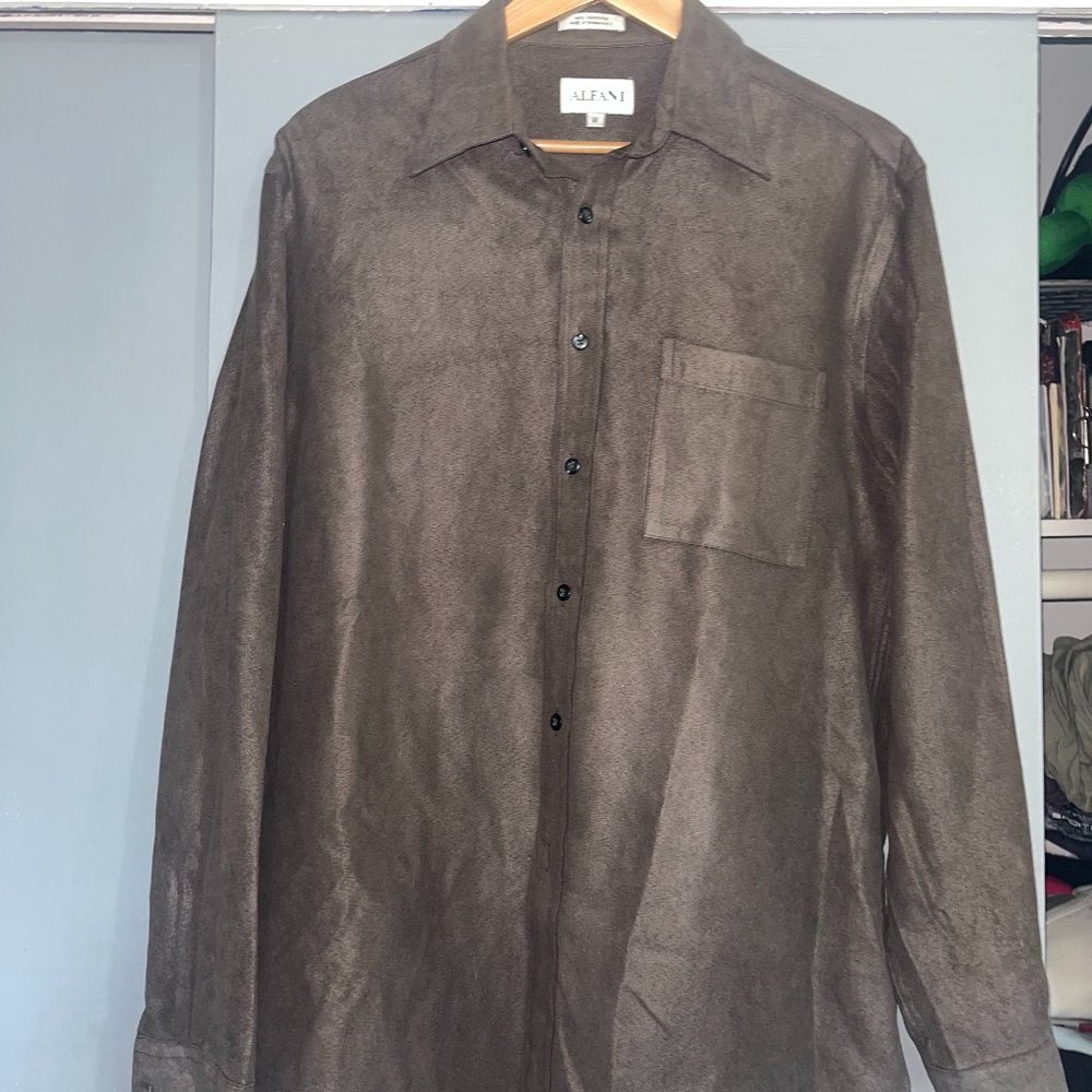 Alfani Suede Brown Button Down Shirt Size Medium